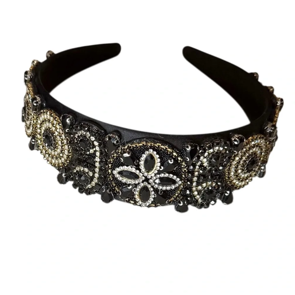 Elegant Black and Gold Bling Rhinestone Beaded Rmbellished Headband